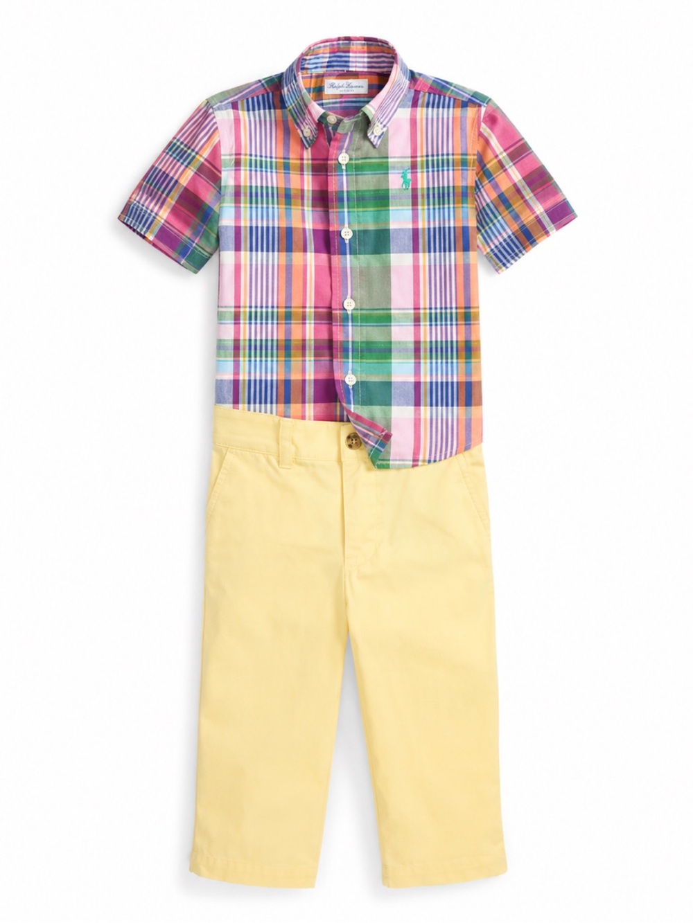 NWT Ralph Lauren Boys Madras Plaid Short-Sleeve Shirt & Pant Set Preppy Classic